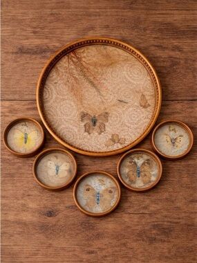 Vintage 1970s Bamboo Preserved Butterfly Serving Tray Coasters Set Boho Barware